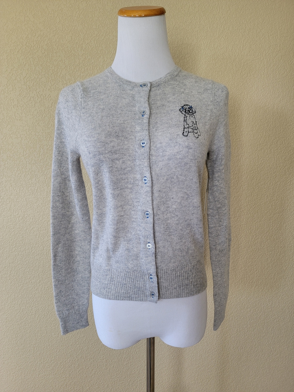 NWT Anthropologie Light Gray Embroidered-Dog Cashmere Cardigan, Size XS
